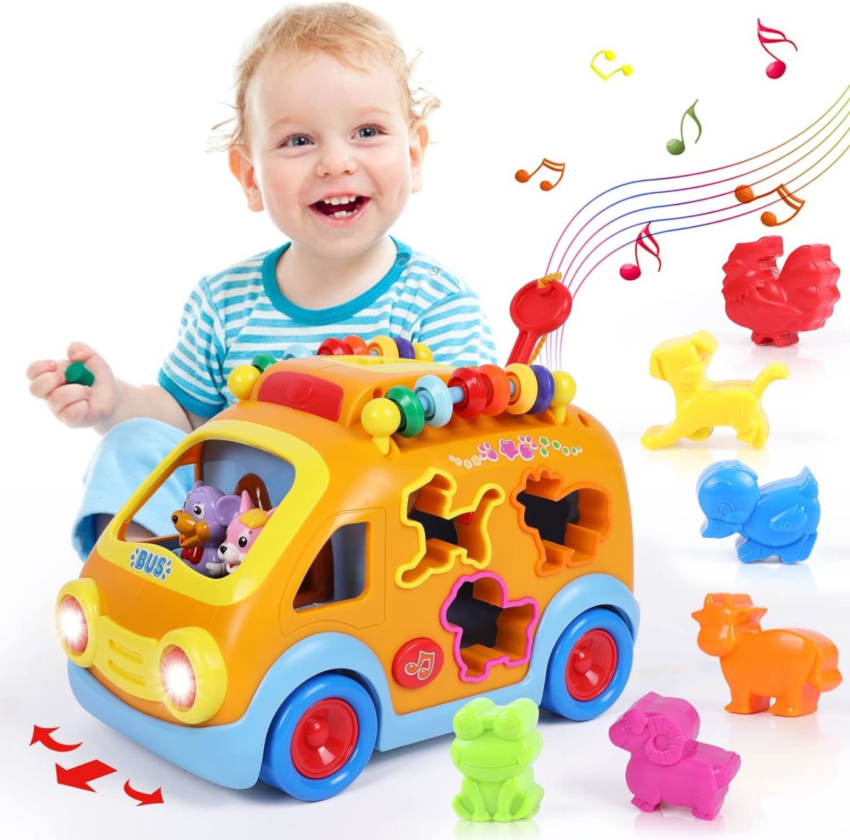 Großhandelsspielzeugpreis Babybus Spielzeug Cartoon Musical Learning Toy Car Educational Baby Bus Spielzeug mit Tierblöcken Form kürzere feinmotorische Fähigkeiten