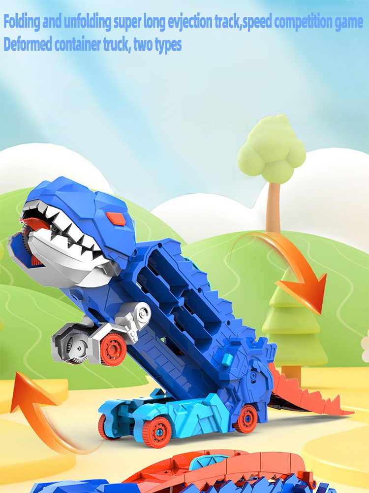 Caminhão de armazenamento de dinossauros 3 em 1 certificado pela ASTM F963 Brinquedo fundido que engole carro de metal transformado em T-Rex pisoteador com veículo de brinquedo de fricção