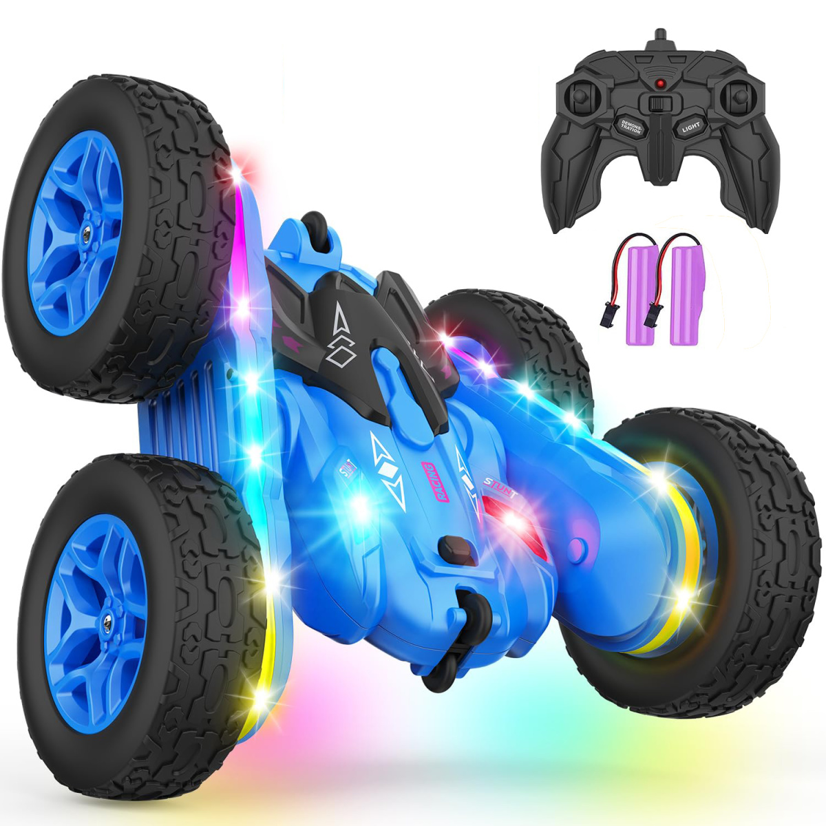 Distribuidor de juguetes de China Coche de acrobacias de juguete con control remoto 4WD 3 Colores Rc Stunt Car Rotación 360 Coche de control remoto con tiras de luces