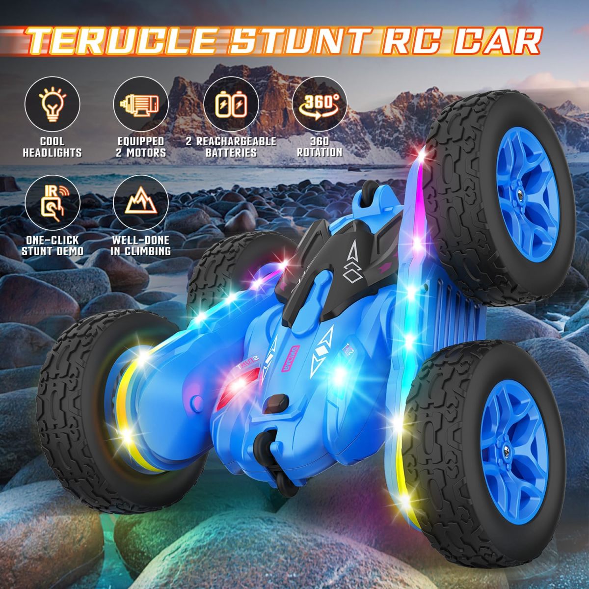 Distribuidor de juguetes de China Coche de acrobacias de juguete con control remoto 4WD 3 Colores Rc Stunt Car Rotación 360 Coche de control remoto con tiras de luces - Imagen 2