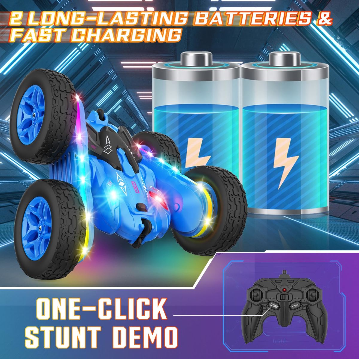 Distribuidor de juguetes de China Coche de acrobacias de juguete con control remoto 4WD 3 Colores Rc Stunt Car Rotación 360 Coche de control remoto con tiras de luces - Imagen 3