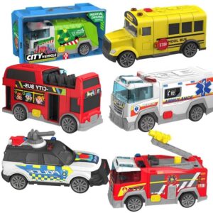 School Bus Police Car Fire Ambulance Engineering Construction Truck Friction Toy Vehicles with Lights and Sound