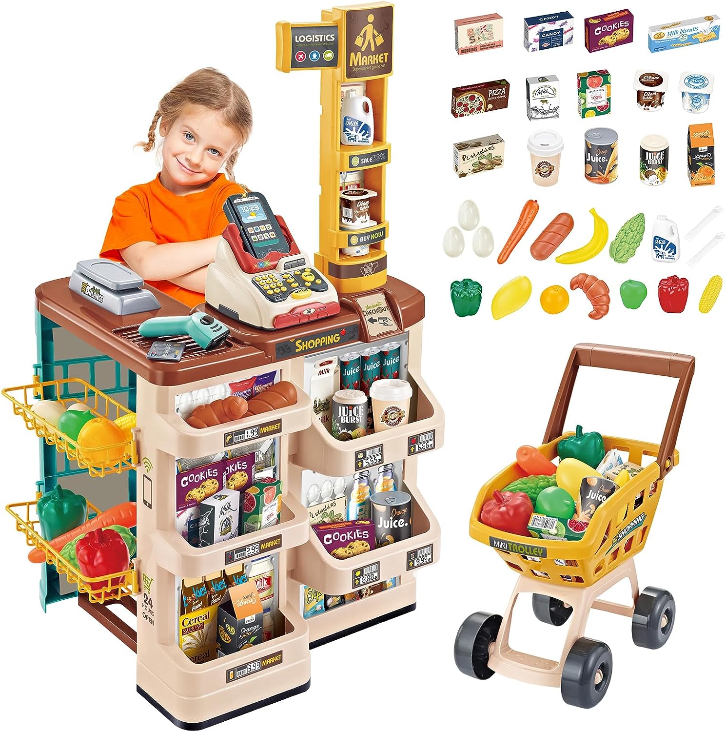 Grocery Toys Mini Trolly Shopping Basket Supermarket Cashier Machine Toy Set for Kids - Imagen 2