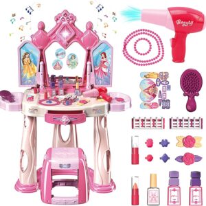 Girls Pretend Play Makeup Table Set with Stool Vanity Set with Lights Music Openable Doors