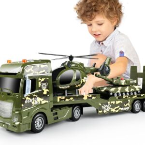 Juguetes de camiones grandes militares verdes 25.6" Juguete semi camión con helicópteros y juguetes para el ejército de tanques con luces &Sonidos