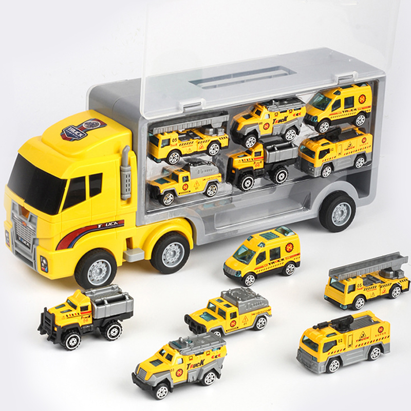 Sliding Storage Container Truck Construction Yellow Vehicle Toy Set Carrier Car Toys with 6 Abs Alloy Carsfor Boys