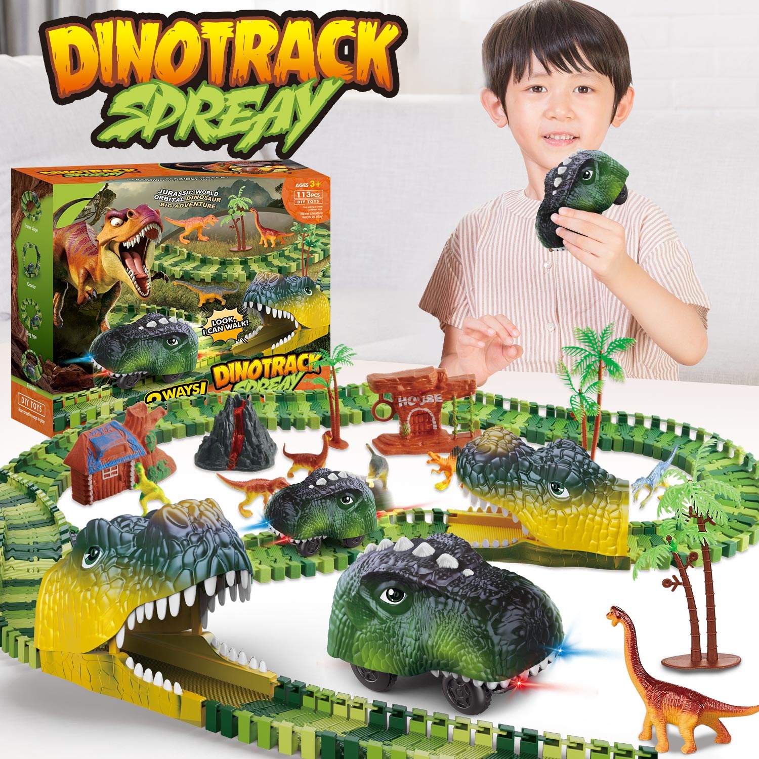 STEM Building 113 Pcs Electric Dinosaur Slot Toy Construction Toys Play Set Dino Racing Track for Kids