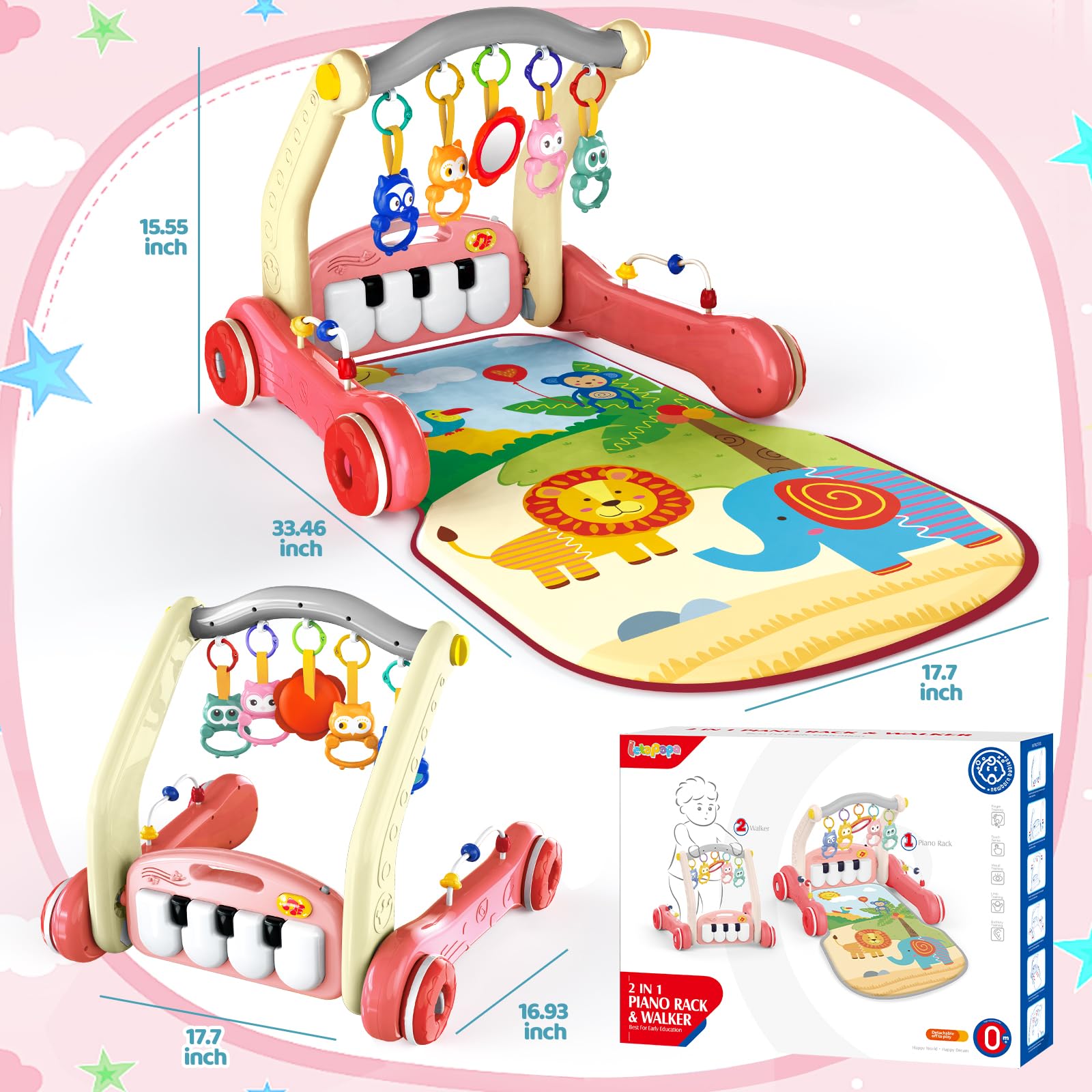 2 In 1 Multifunction Infant Activity Gym Adjustable Baby Walker Piano Fitness Play Mat Toy - Bild 2