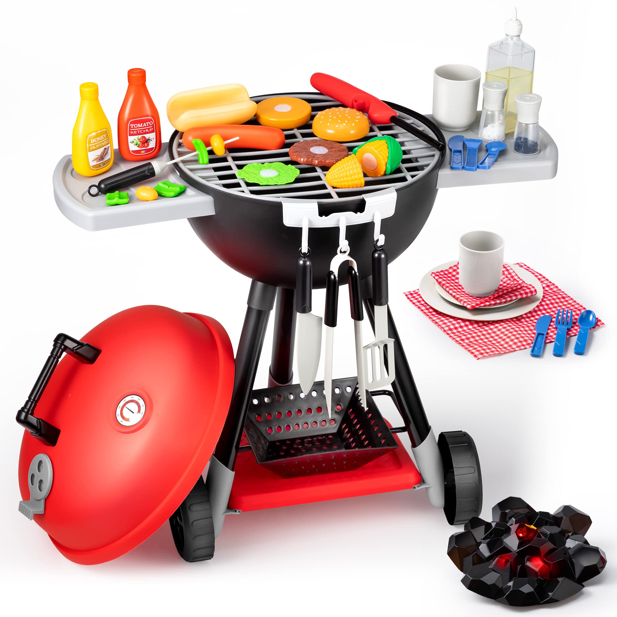 34 PC-Grillspiel-Grill-Küchenspielzeug-Set, Grill-Kochspielset mit realistischem Lichtklang für Kinder