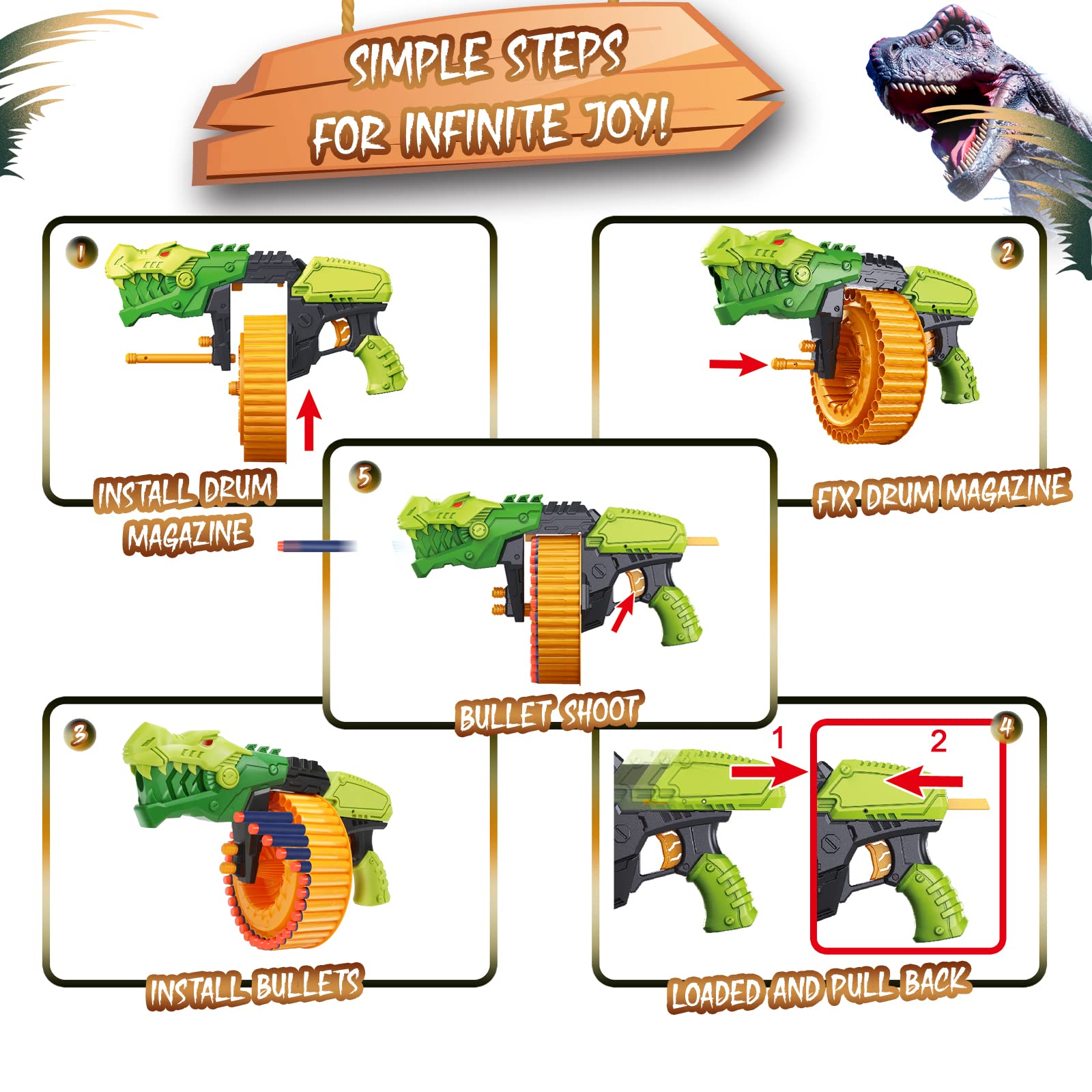 Tambour rotatif dinosaure souple 40/120 Foam Bullets Gun Toy - Image 5