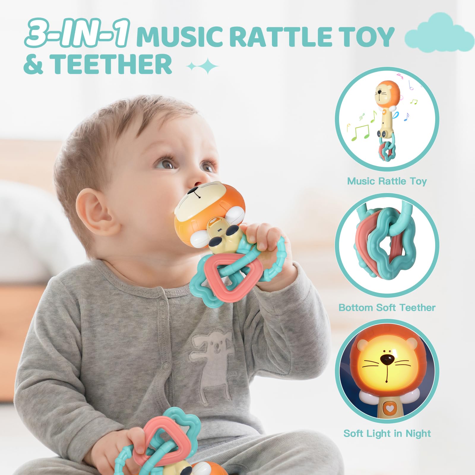 Cute Animal Appease Lighting Hand Musical Stick Toys Newborn Baby Rattle - Bild 4
