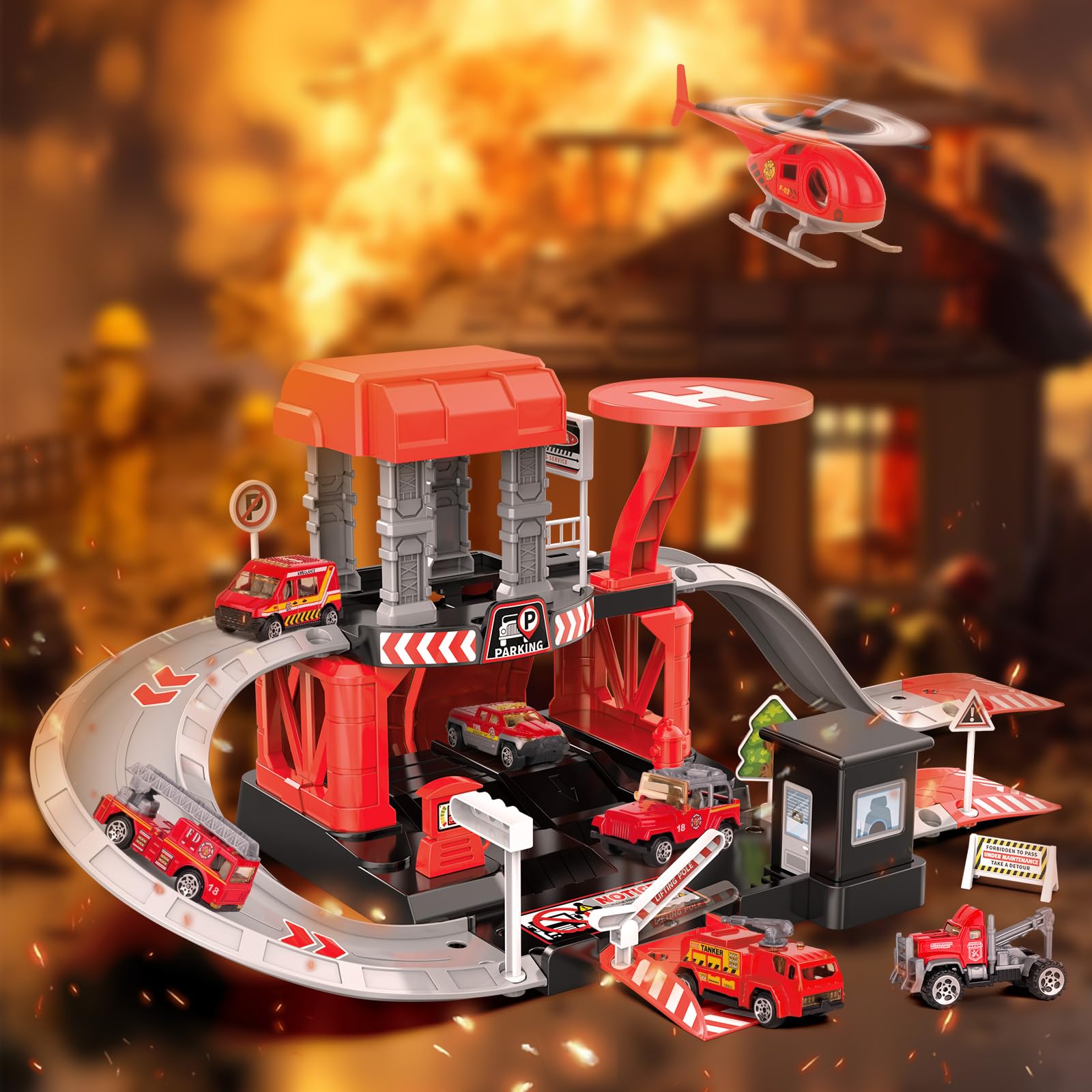 Fire Station Toys Building Block Set Diecast Garage Track Alloy Metal Design Parking Lot Game Plastic Toy - Image 7