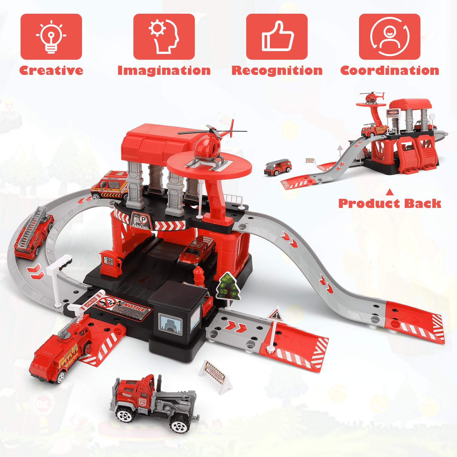 Fire Station Toys Building Block Set Diecast Garage Track Alloy Metal Design Parking Lot Game Plastic Toy - Image 5