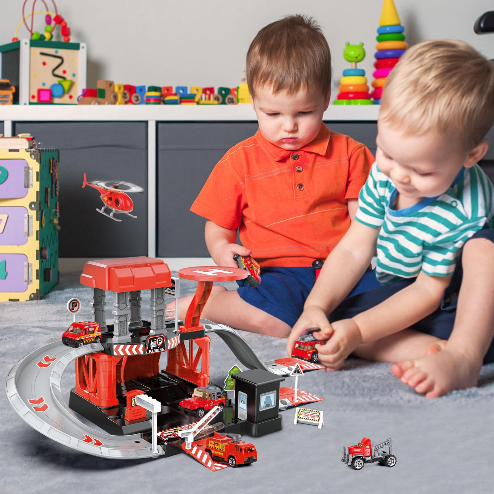 Fire Station Toys Building Block Set Diecast Garage Track Alloy Metal Design Parking Lot Game Plastic Toy - Image 2