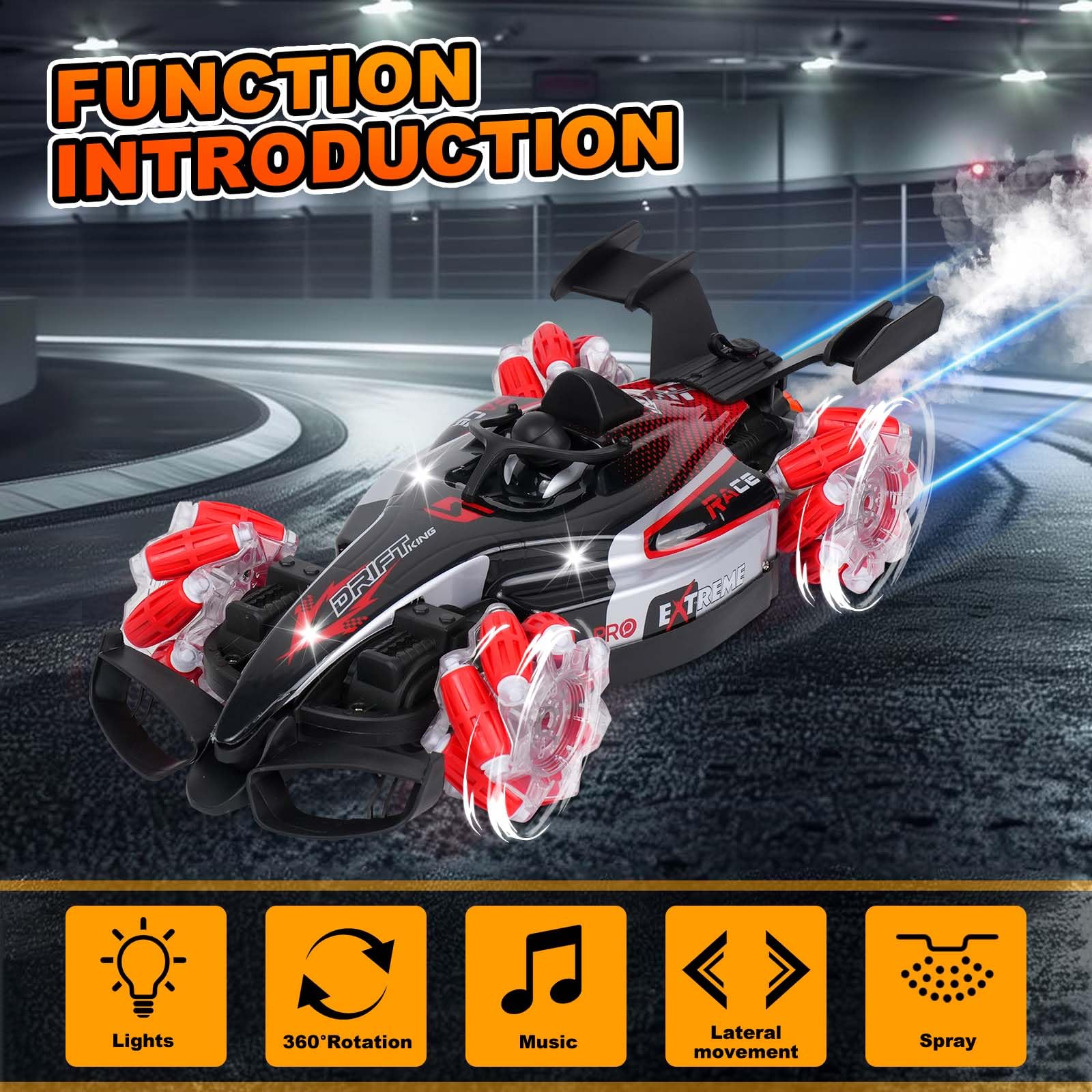 1:12 Escala de 2,4 GHz de controle de carros de controle remoto Drift 360 Girando com luz de spray de spray de spray RC Brinquedos de dublês - Imagem 2
