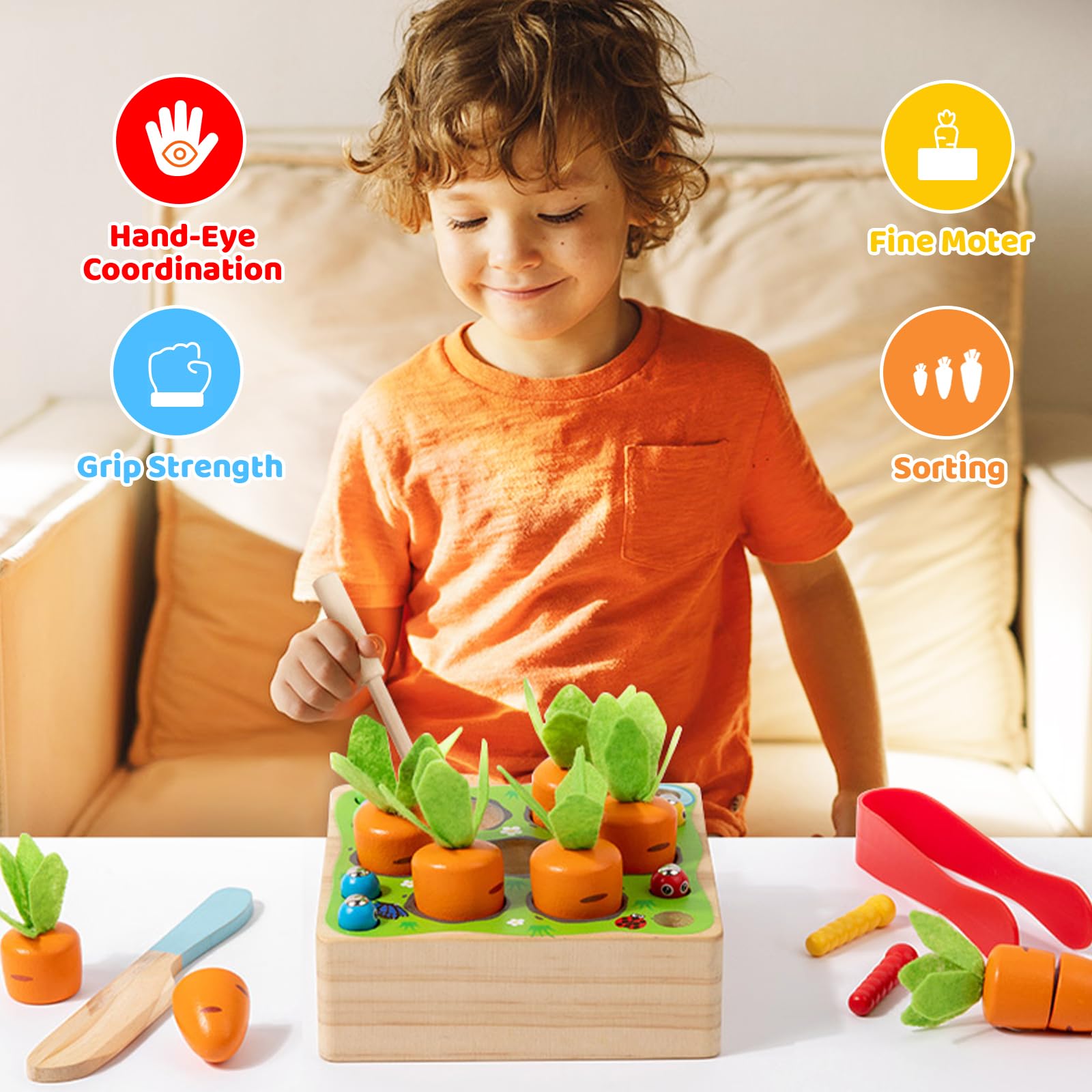 Vendas quentes 4in1 Baby Montessori Toys de madeira Classificação de forma de desenvolvimento & Jogo de colheita de cenouras de quebra -cabeça correspondente para crianças - Imagem 4