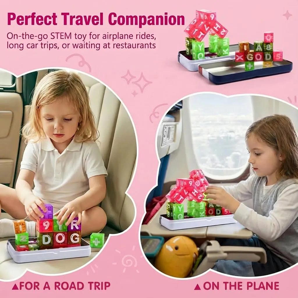 Mini jouets d'apprentissage des chiffres et de l'alphabet de voyage, tige Portable Montessori, coffret en fer blanc pour tout-petits, ensemble de 40 pièces, blocs de construction magnétiques - Image 2