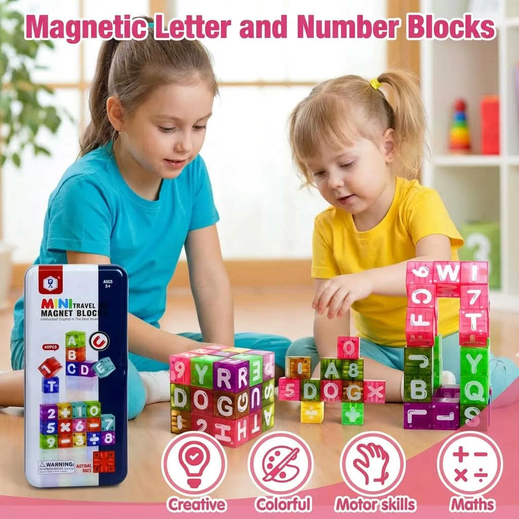 Mini jouets d'apprentissage des chiffres et de l'alphabet de voyage, tige Portable Montessori, coffret en fer blanc pour tout-petits, ensemble de 40 pièces, blocs de construction magnétiques - Image 6