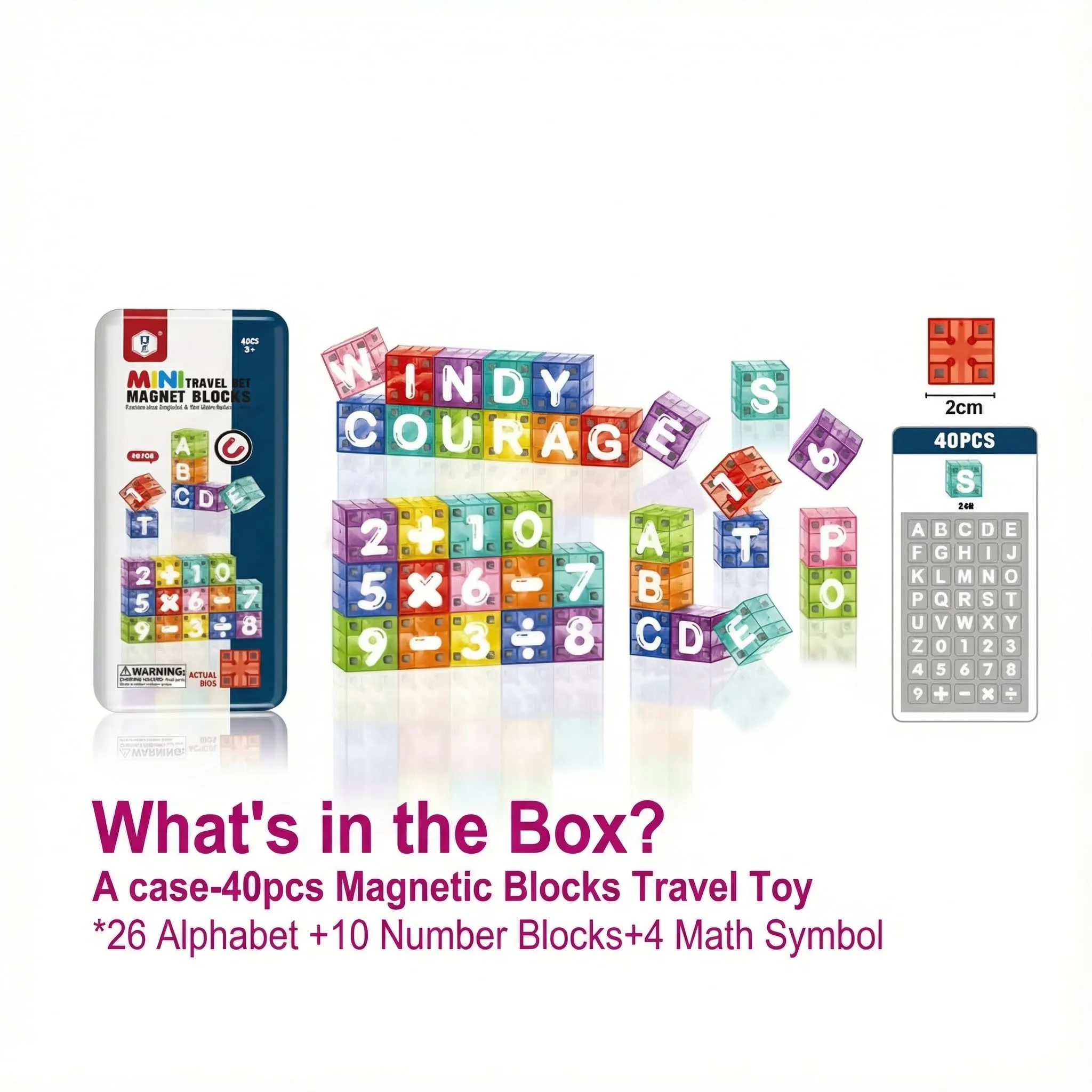 Mini jouets d'apprentissage des chiffres et de l'alphabet de voyage, tige Portable Montessori, coffret en fer blanc pour tout-petits, ensemble de 40 pièces, blocs de construction magnétiques - Image 5