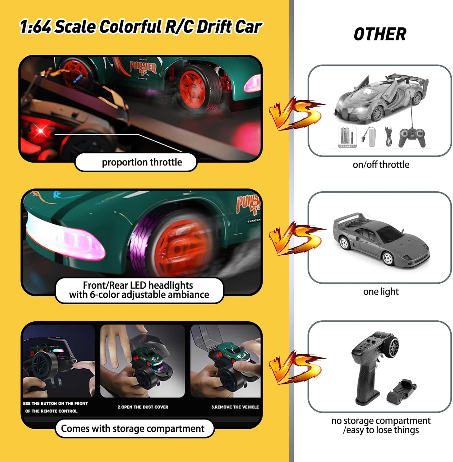 1:64 Scale Fast Electric Hobby Desktop Model Auto 4WD Colorful LED Light Mini Remote Control RC Drift Car - Bild 2