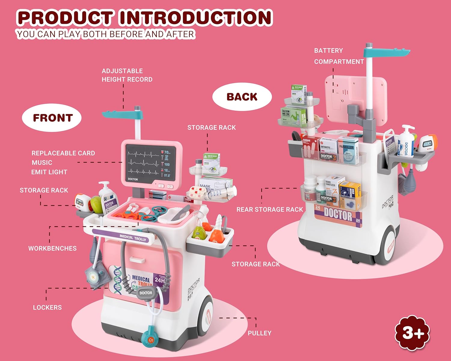 Carro médico eléctrico de lujo para juego de simulación, bolsa de transporte para inyección de medicina simulada, juego de juguetes para médicos para niños pequeños - Imagen 4