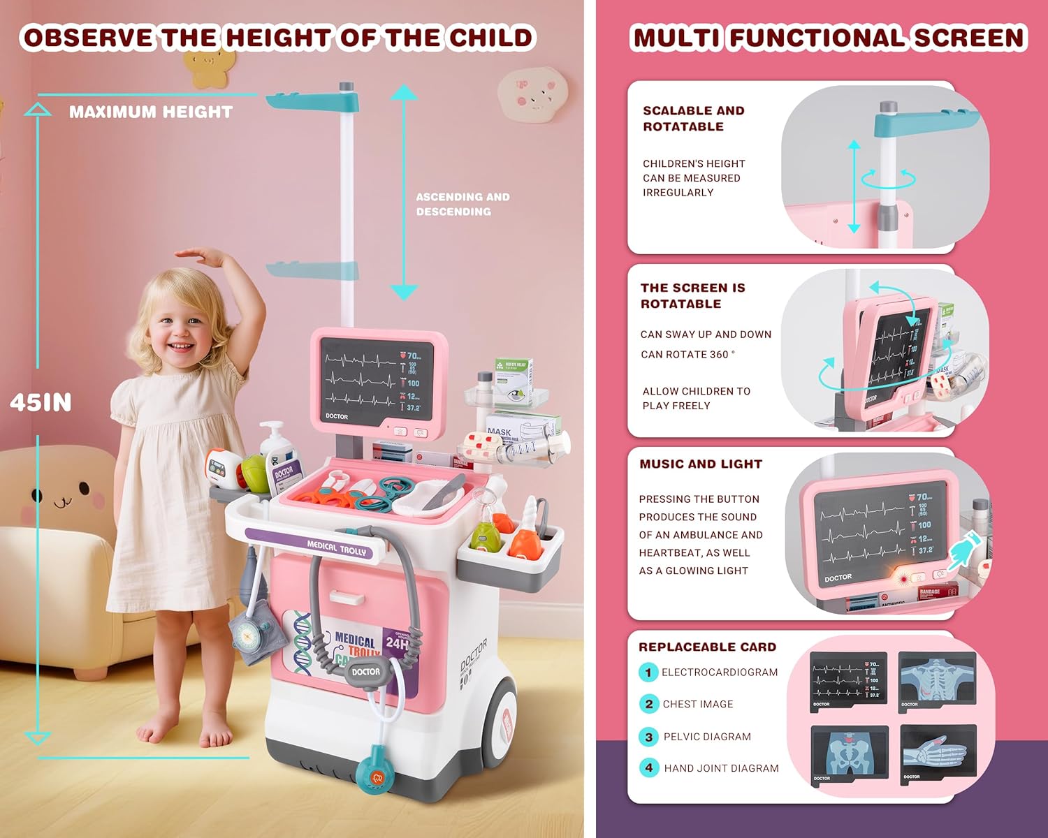 Carro médico eléctrico de lujo para juego de simulación, bolsa de transporte para inyección de medicina simulada, juego de juguetes para médicos para niños pequeños - Imagen 3