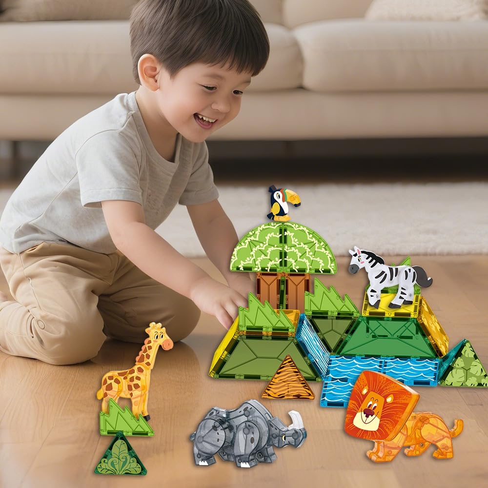 Grassland Animals Theme STEM Learning Educational Kids Ages 5 6 7 Year Old Toys Magnetic Tiles - Bild 7