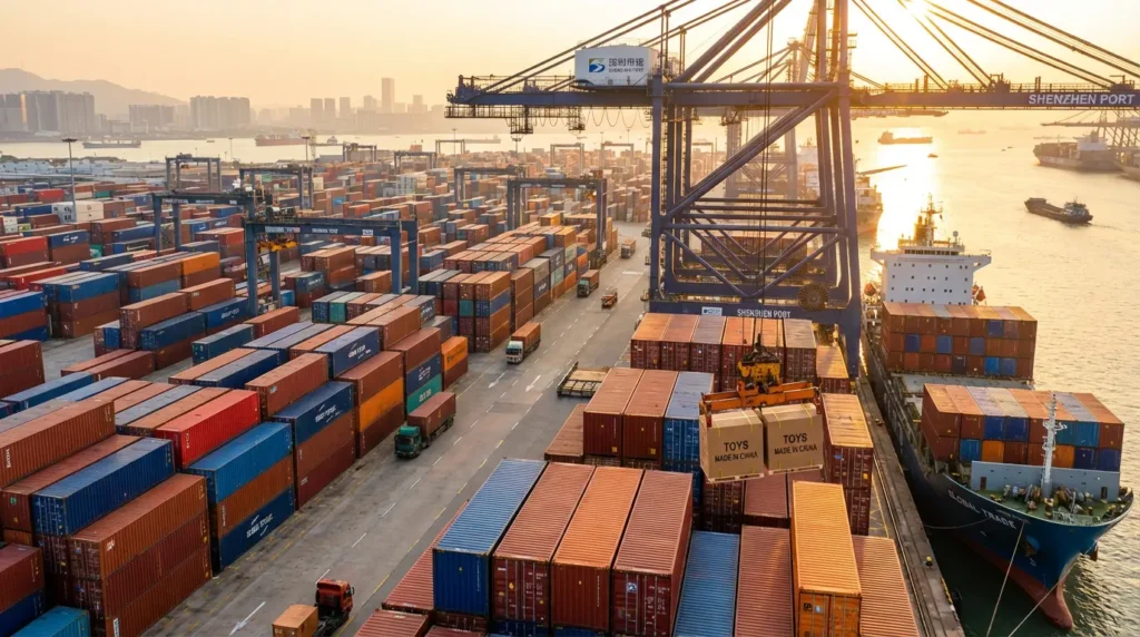 Juguetes fabricados en China cargados en un buque de carga de exportación en el puerto de Shantou