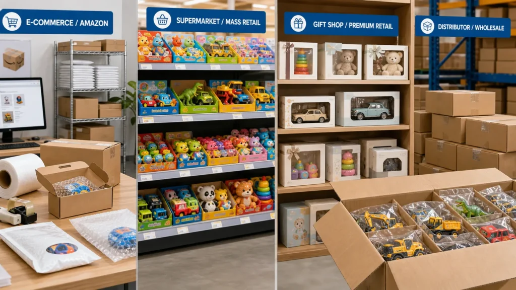 Comparison of bulk pack, poly bag, retail box, boîte d'affichage, and blister card toy packaging