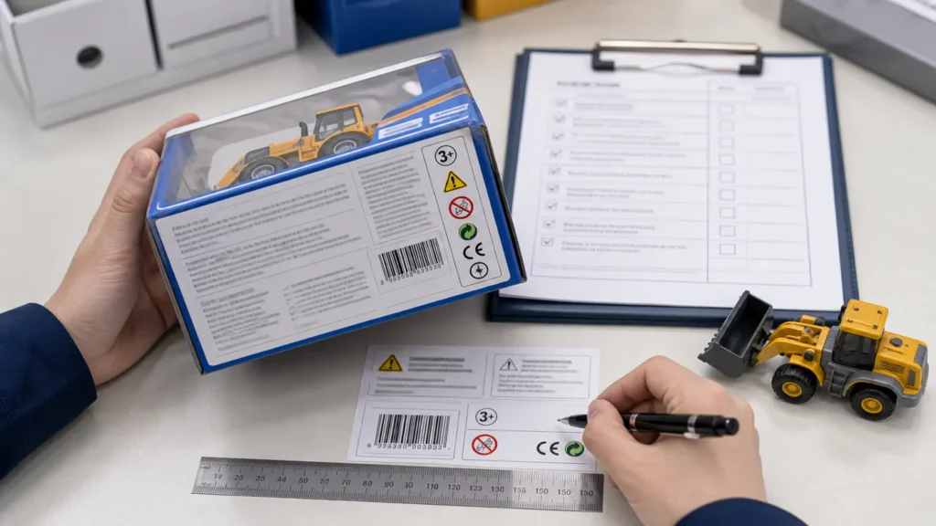 Toy packaging specification sheet with carton size, barcode, warning labels, and CBM details