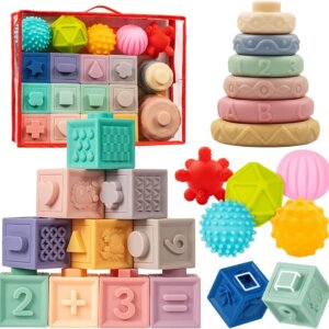 Wholesale 20 piece silicone stacking blocks set with teething balls sensory textures and Montessori baby learning toys