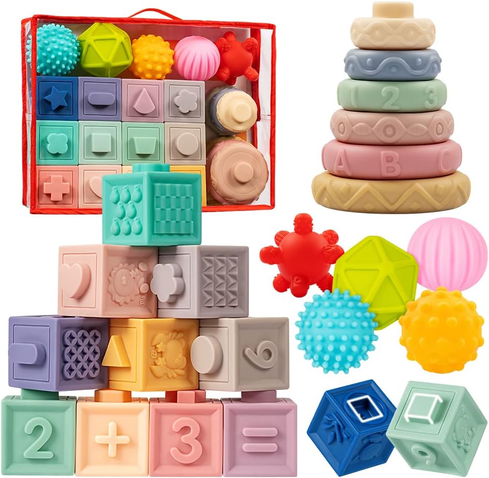 Wholesale 20 piece silicone stacking blocks set with teething balls sensory textures and Montessori baby learning toys