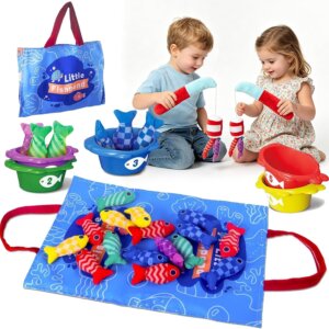 Wholesale Montessori cloth fishing toy with stacking cups color sorting storage mat for toddlers