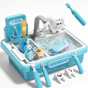 Wholesale running water play sink toy with dentist play set and oversize teeth for toddlers