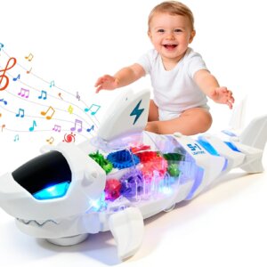 Wholesale crawling shark baby toy with music lights transparent gears and auto direction change for infant play