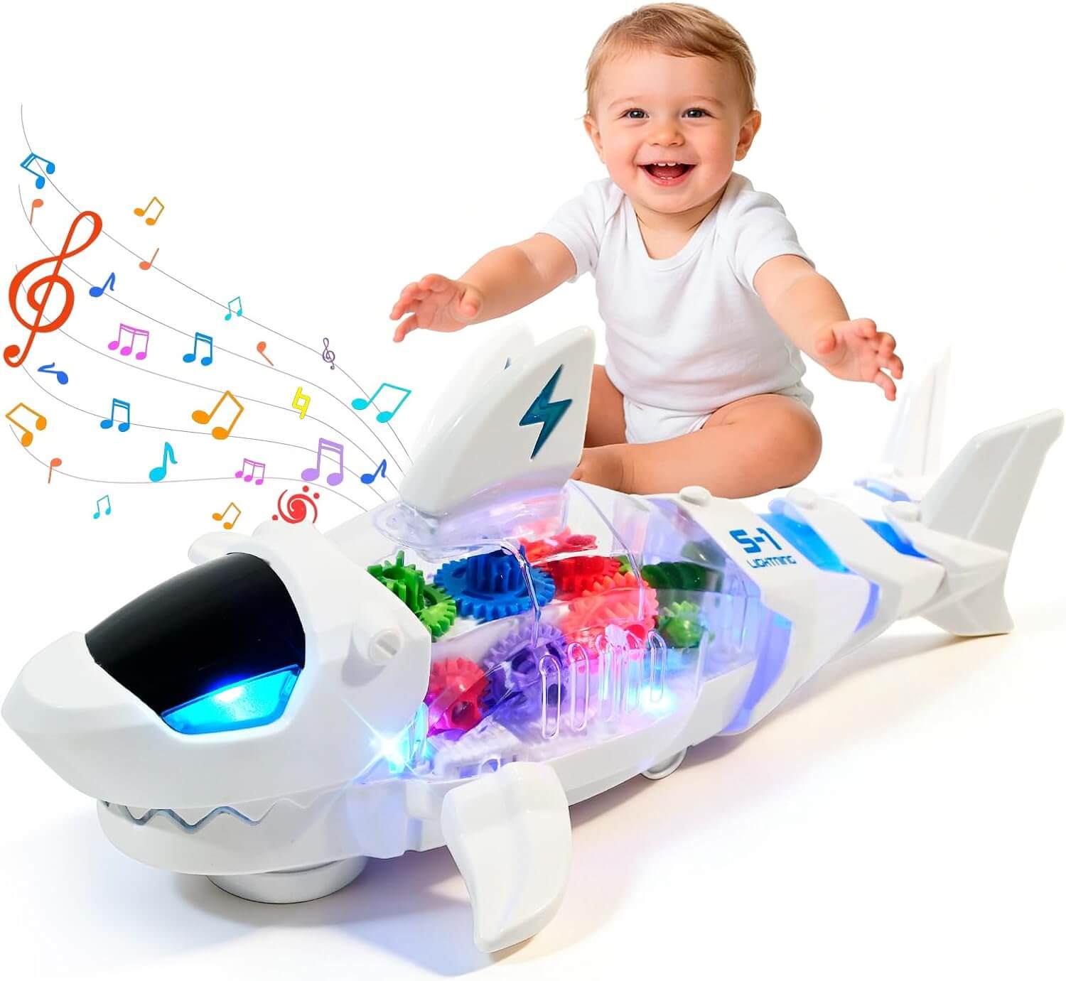 Wholesale crawling shark baby toy with music lights transparent gears and auto direction change for infant play