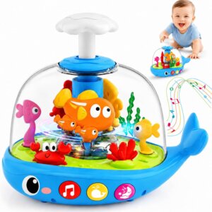 Wholesale press spin aquarium baby toy with music lights bilingual learning and tummy time development features