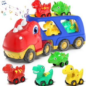 Wholesale dinosaur transport truck toy with 4 pull back dino cars friction power storage carrier for toddlers