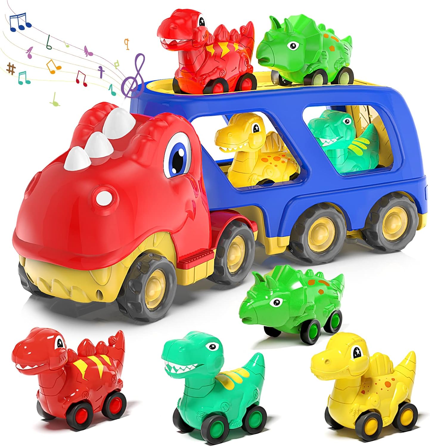 Wholesale dinosaur transport truck toy with 4 pull back dino cars friction power storage carrier for toddlers