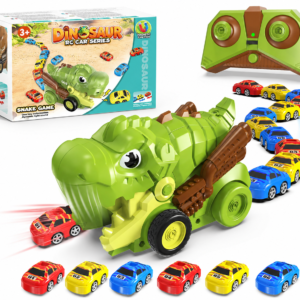 Wholesale dinosaur RC car toy with 12 mini magnetic cars snake game light sound and one key deformation