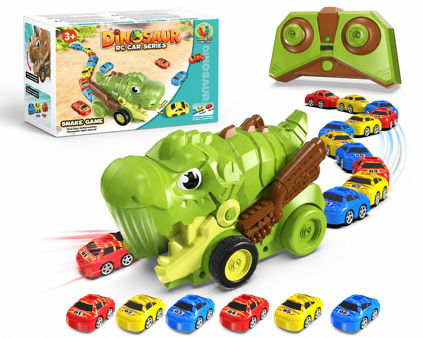 Wholesale dinosaur RC car toy with 12 mini magnetic cars snake game light sound and one key deformation