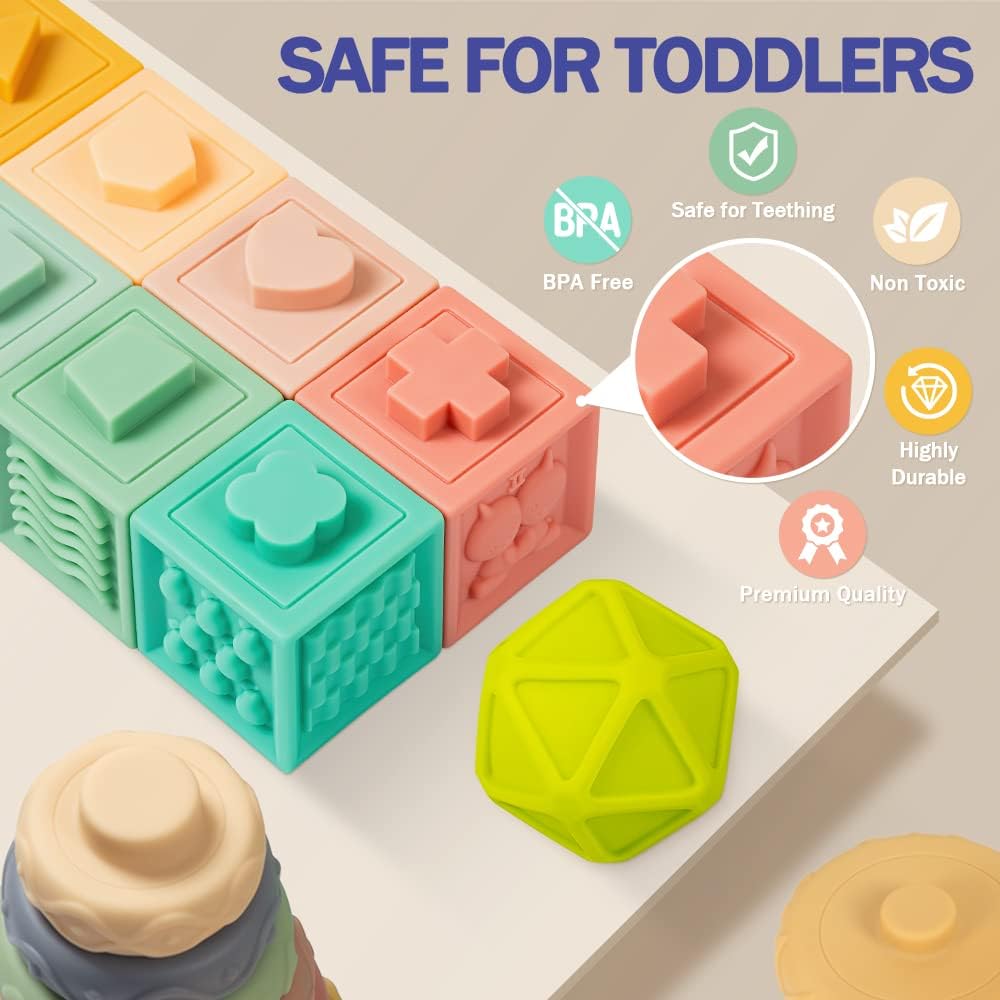 Wholesale 20 Piece Silicone Stacking Blocks Set with Teething Balls for Baby Sensory Play - Image 7