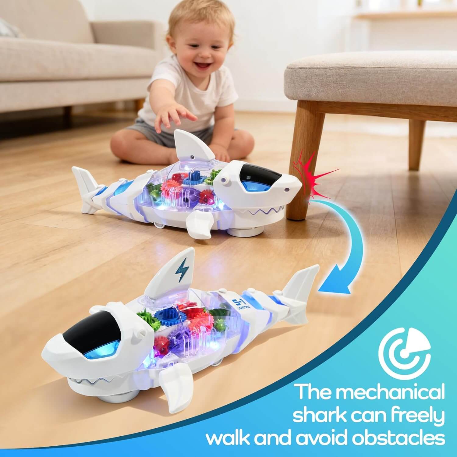 Wholesale Music Light Transparent Gear Crawling Shark Baby Toy with Auto Direction Change - Image 7