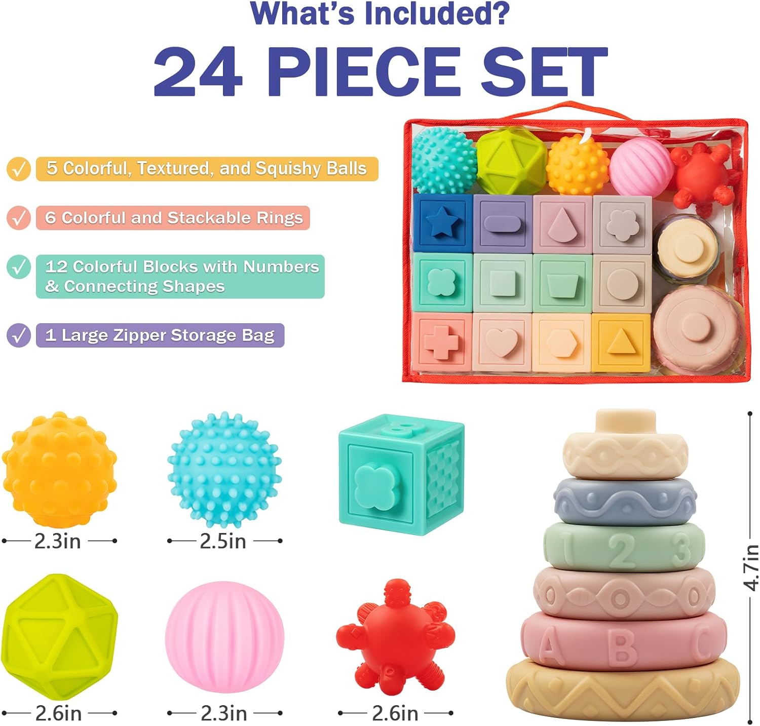 Wholesale 20 Piece Silicone Stacking Blocks Set with Teething Balls for Baby Sensory Play - Image 6