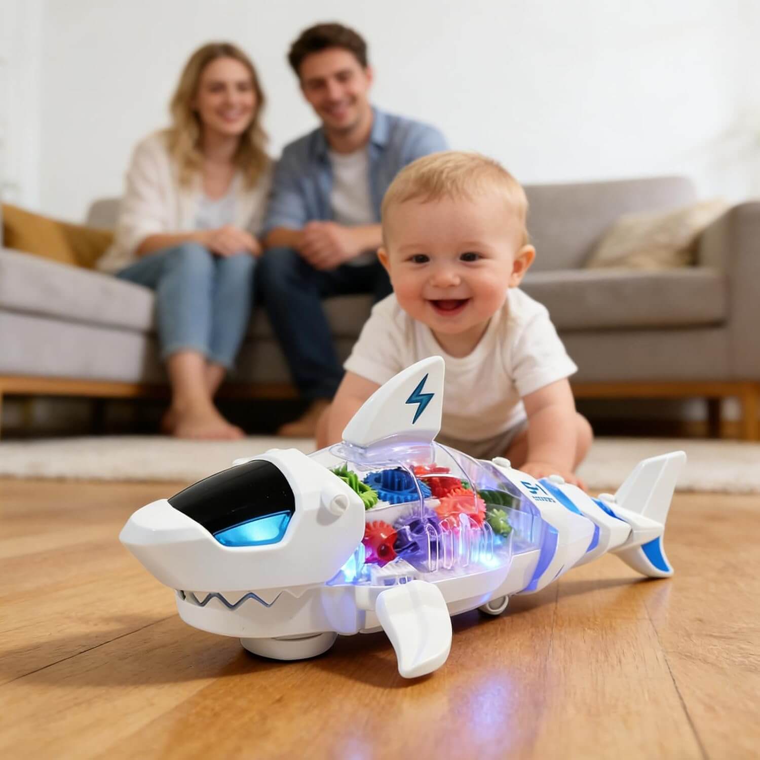 Wholesale Music Light Transparent Gear Crawling Shark Baby Toy with Auto Direction Change - Image 6