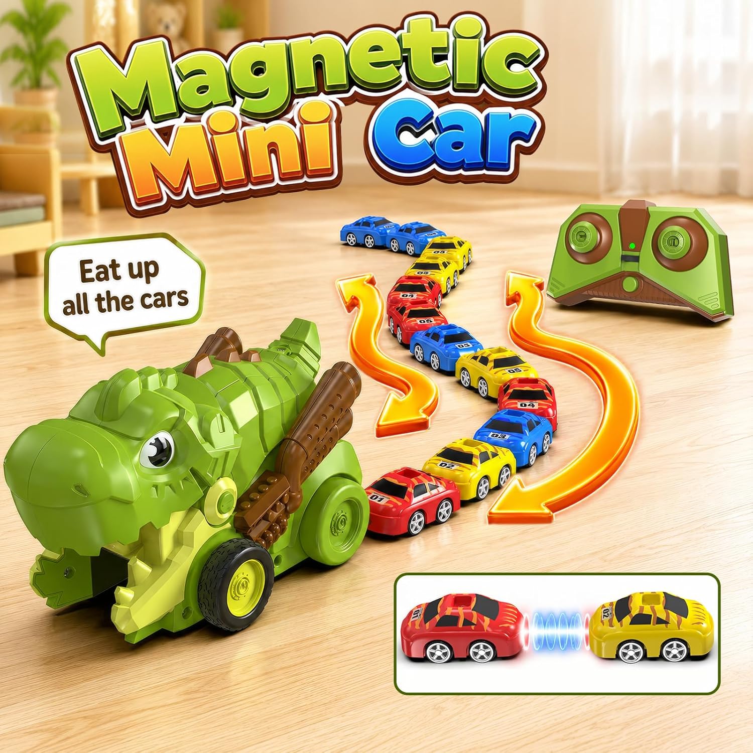 Wholesale 2.4GHz Dinosaur RC Car Toy with 12 Mini Magnetic Cars and Snake Game - Image 5