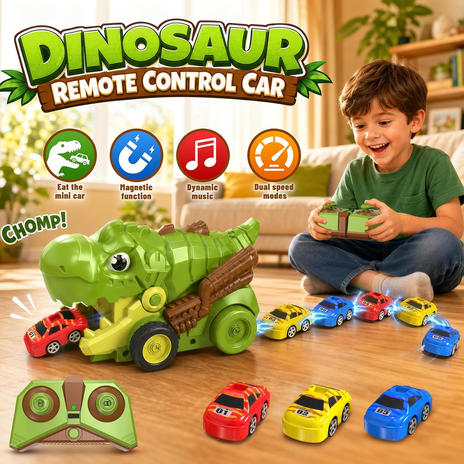 Wholesale 2.4GHz Dinosaur RC Car Toy with 12 Mini Magnetic Cars and Snake Game - Image 3
