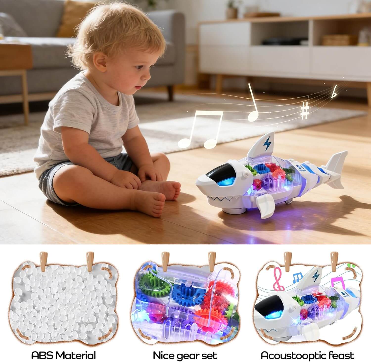 Wholesale Music Light Transparent Gear Crawling Shark Baby Toy with Auto Direction Change - Image 3