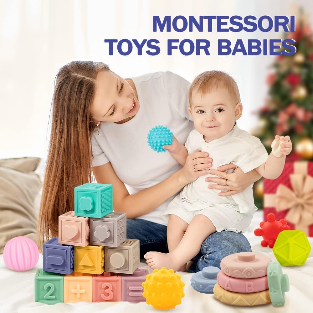 Wholesale 20 Piece Silicone Stacking Blocks Set with Teething Balls for Baby Sensory Play - Image 2