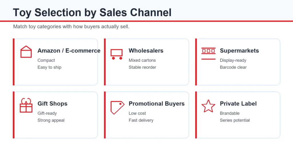 Toy product selection by sales channel for importers